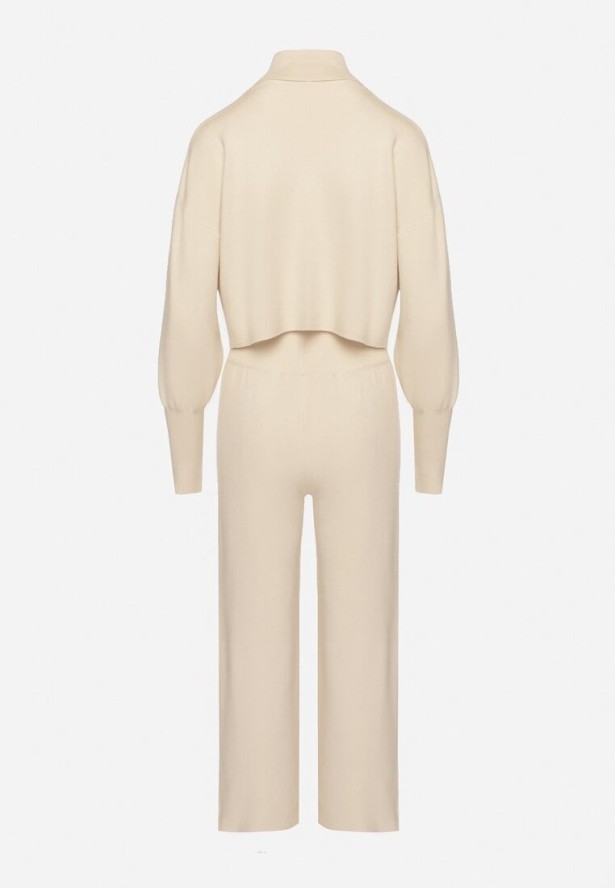 Beżowy Komplet Dzianinowy z Wiskozą Bluza Golf ze Ściągaczami i Szerokie Spodnie Noridra