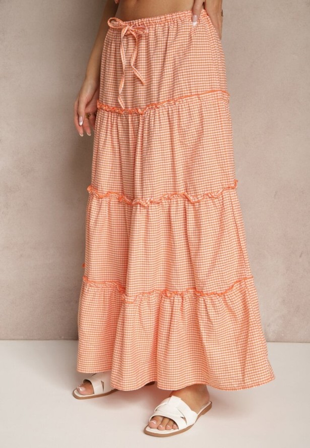 Pomarańczowy Komplet z Bawełny w Kratkę Vichy Top i Spódnica z Falbankami Frosirae