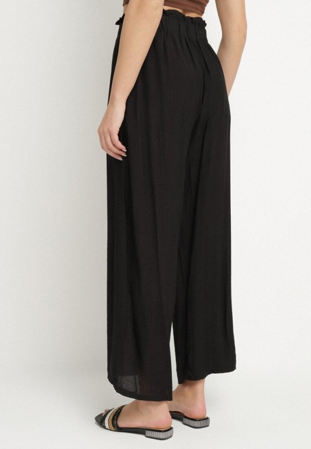 Czarne Szerokie Spodnie z Wysokim Stanem Ozdobione Wiązaniem Teliriela