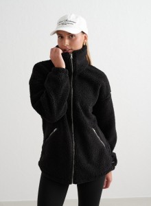 Damska kurtka ocieplana polarem, oversize'owa, rozpinana Pile Jacket czarna