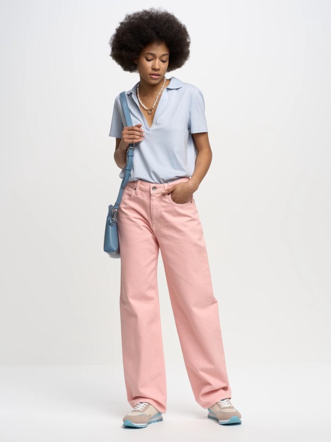 Jeansy damskie z rozszerzaną nogawką różowe Meg 601