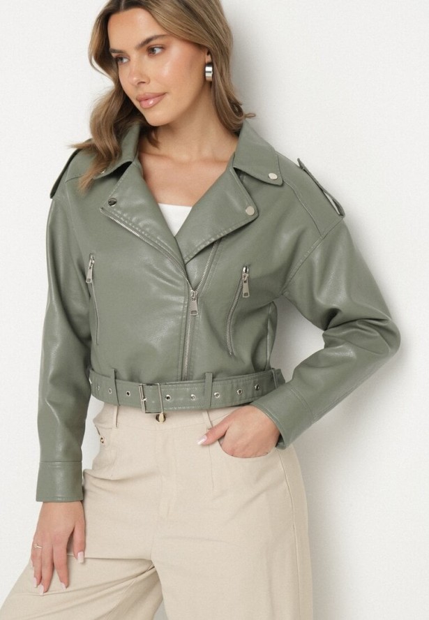 Jasnozielona Kurtka Ramoneska z Klamrami Sesariah