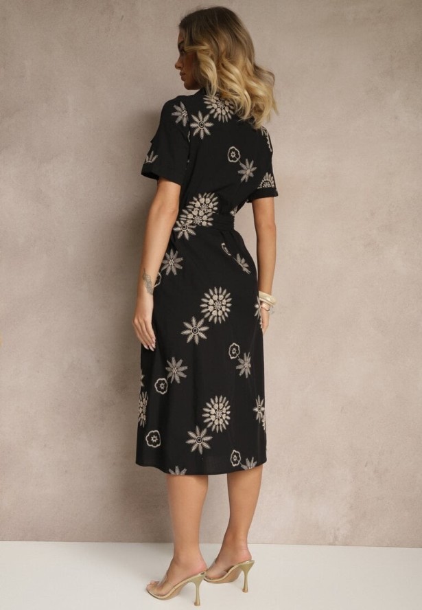 Czarna Wiskozowa Sukienka Koszulowa Ozdobiona Paskiem i Haftem Divaloria