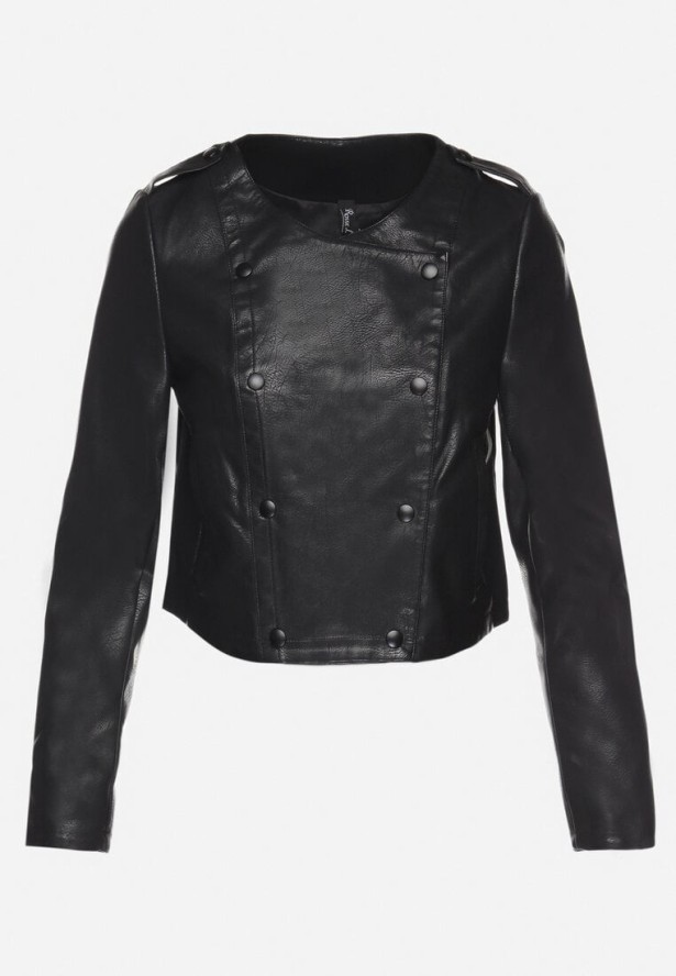 Czarna Kurtka Ramoneska z Ozdobnymi Guzikami Sesiania