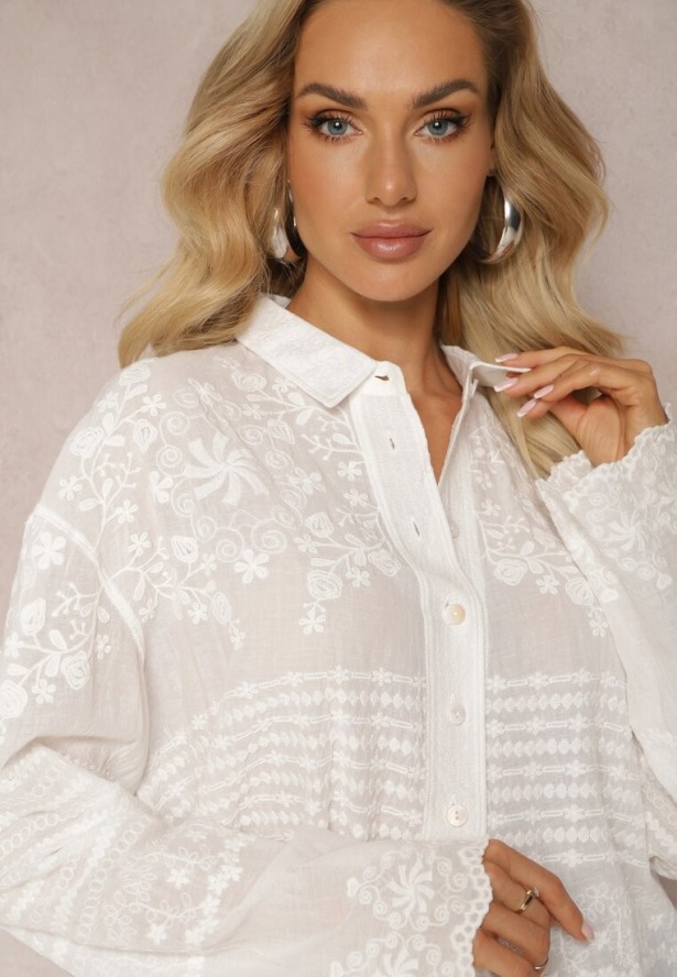 Biała Przezroczysta Koszula z Bawełny z Haftem w Kwiatki Kariela