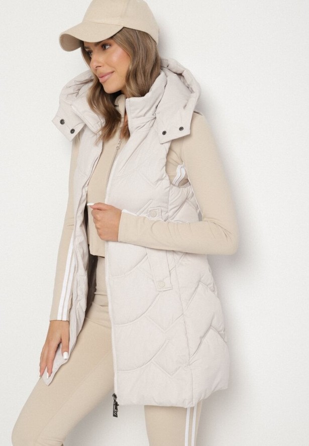 Jasnoszara Kamizelka z Odpinanym Kapturem Ozdobiona Pikowaniem Tulira