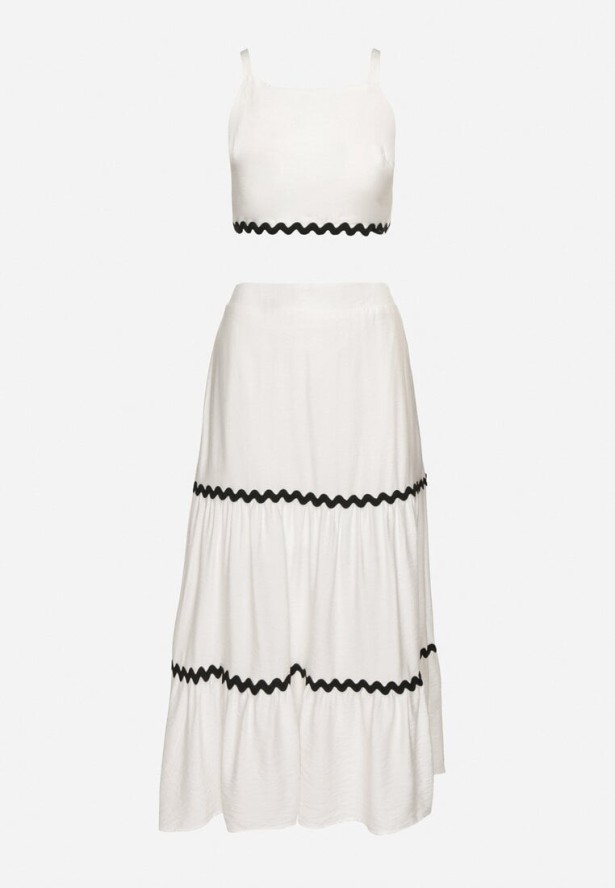 Biały Komplet Wiskozowy Top na Ramiączkach i Rozkloszowana Spódnica Efrunelle