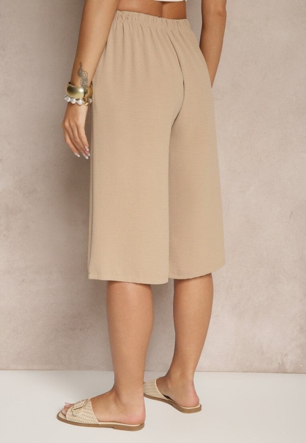 Beżowe Luźne Spodnie 3/4 z Kieszonkami Efrinea