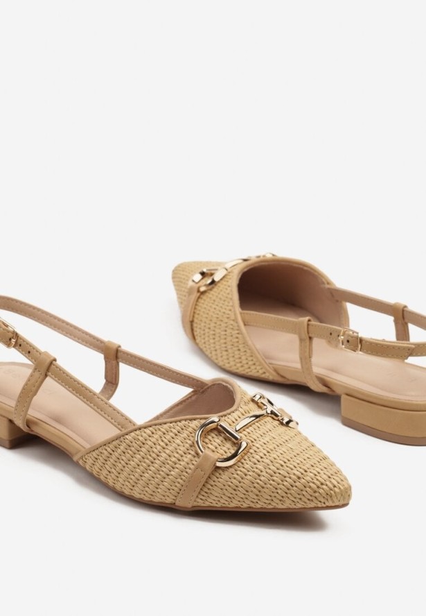 Ciemnobeżowe Sandały Slingback z Tweedowymi Zdobieniami i Metaliczną Aplikacją Annilena