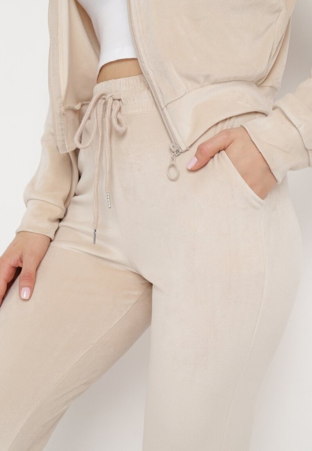 Beżowy Welurowy Komplet Dresowy Bluza z Kapturem i Spodnie Petyra