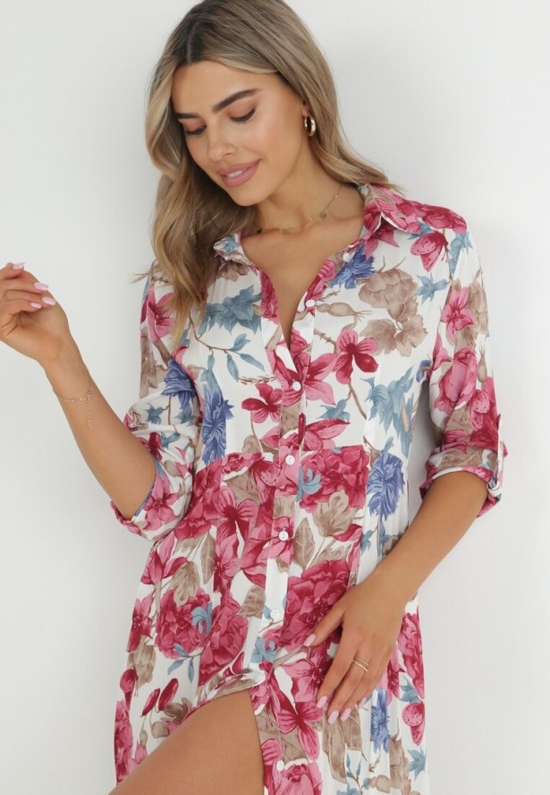 Biała Sukienka Koszulowa z Rozcięciem w Kwiaty Vethere