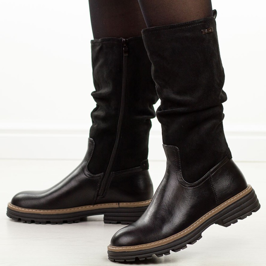 Czarne pu wysokie botki damskie na traperze M.Daszyński Sa259-3