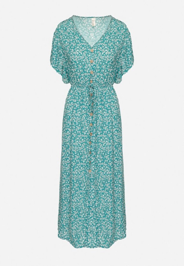 Zielona Bawełniana Sukienka z Gumką w Talii w Drobne Kwiatki Nulinea