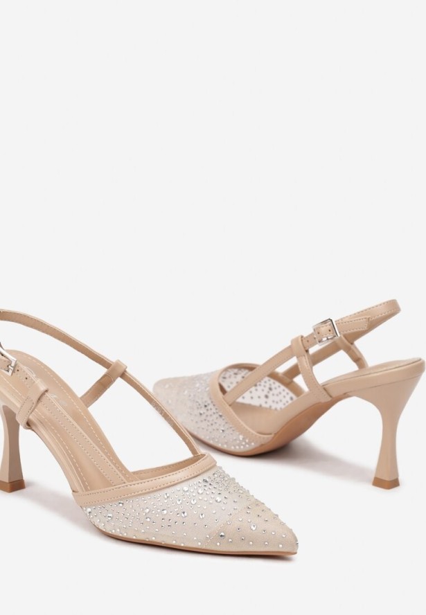 Beżowe Eleganckie Czółenka na Szpilce z Cyrkoniami i Odkrytą Piętą Elnamia