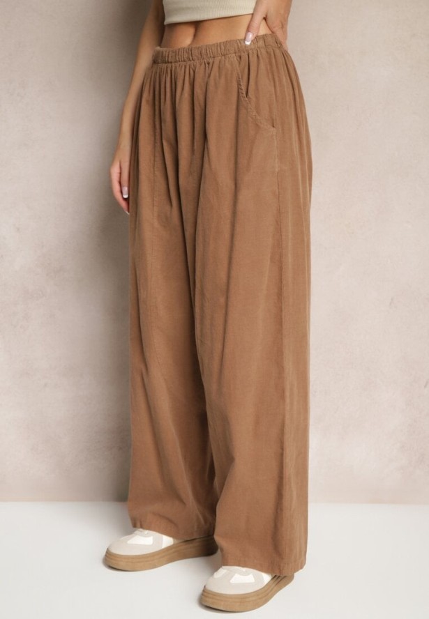 Brązowe Bawełniane Spodnie High Waist o Szerokim Kroju Velili