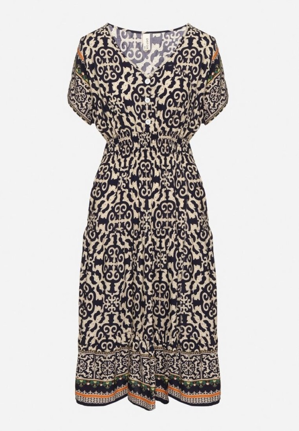 Granatowa Bawełniana Sukienka z Guzikami i Ornamentnym Wzorem Zisselle