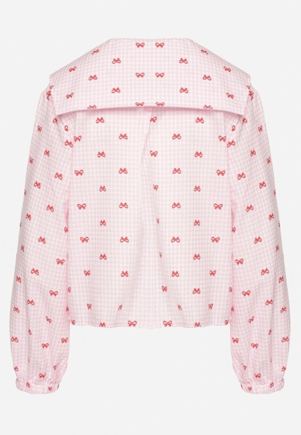 Różowa Koszula z Szerokim Kołnierzykiem z Bawełny i Wiskoz w Kratkę Lavzemis