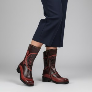 Kozaki damskie Laura Vita, wysoka cholewka ze skóry we wzory na płaskim obcasie, czerwone, SO2014-2