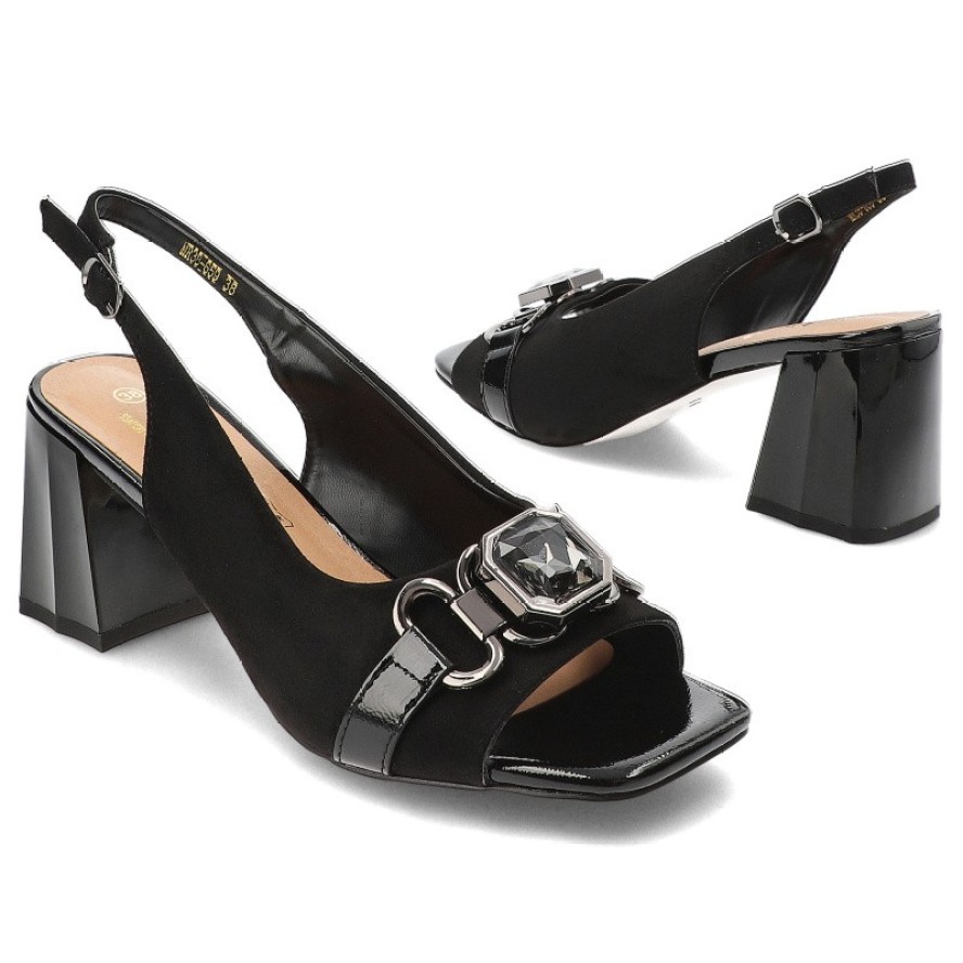 Czarna Sandały S.Barski Modne Obuwie Damskie Z Broszką