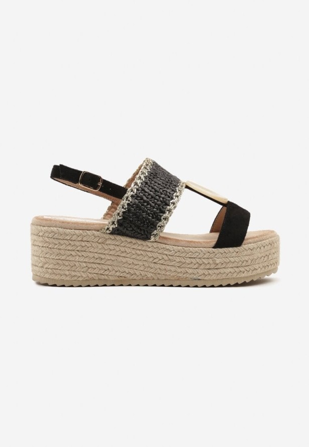 Czarne Sandały na Plecionym Koturnie z Okrągłą Ozdobą Naporra