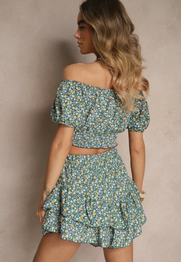 Granatowo-Zielony Komplet Bluzka Typu Hiszpanka i Spódnico-Szorty Zdobione Falbanami Sadeviae