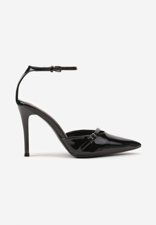 Czarne Lakierowane Szpilki Vices Zdobione Paskiem z Klamerką Tilamea