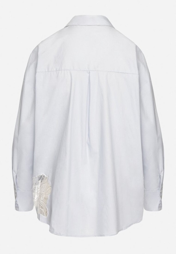 Niebieska Bawełniana Koszula z Ażurowym Wzorem i Regulowanymi Rękawami Naloritha