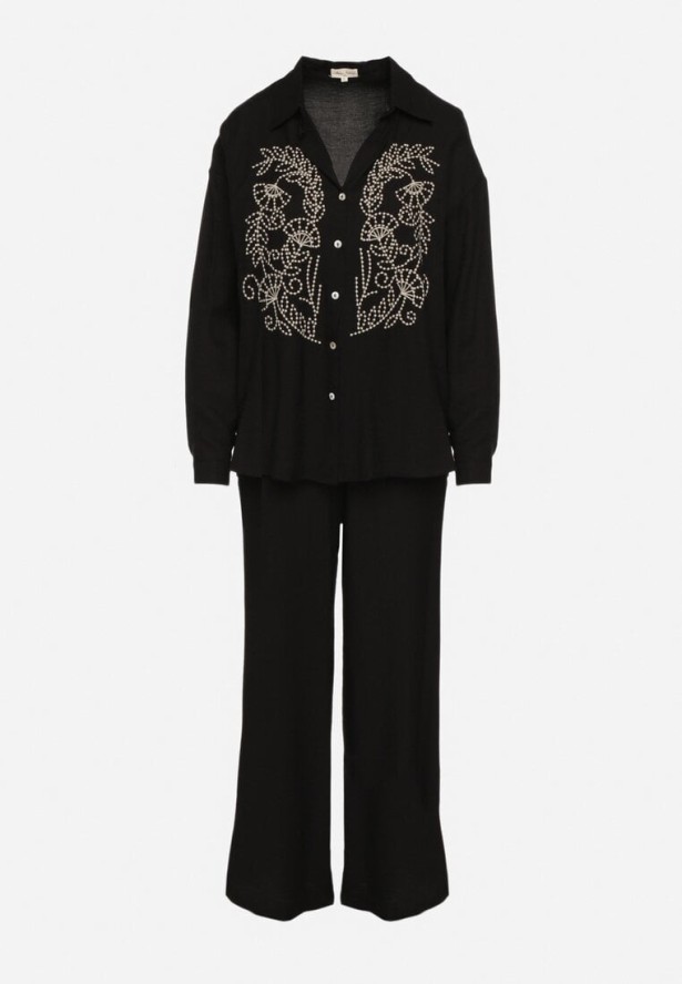 Czarny Komplet z Luźną Koszulą z Haftem i Szerokimi Spodniami z Wiskozą Ivelabia
