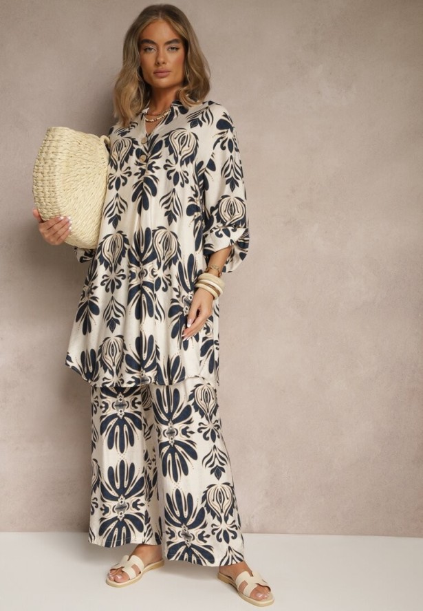 Niebieski Komplet z Wiskozą Spodnie o Szerokim Kroju i Długa Koszula Rinviela