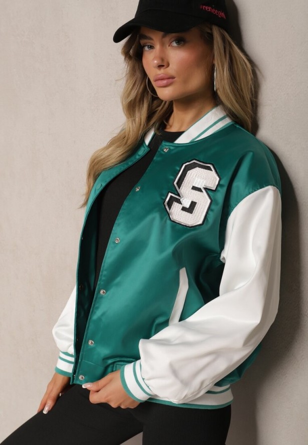 Zielona Kurtka Bomberka z Napami i Naszywką Elionor