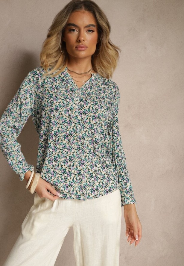 Niebieska Wiskozowa Bluzka w Kwiaty o Koszulowym Kroju z Podpinanymi Rękawami Edinoriela