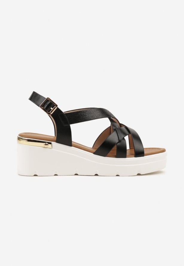 Czarne Sandały na Koturnie z Przeplatanymi Paskami Froielle