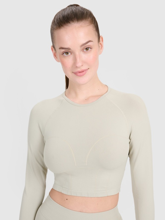 4F Longsleeve treningowy crop-top z wycięciem na plecach damski - beżowy M/L