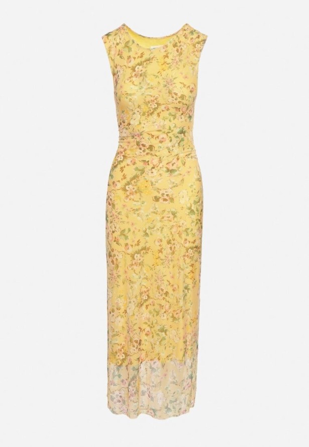 Żółta Koktajlowa Taliowana Sukienka w Kwiaty z Wiskozową Podszewką Lidra