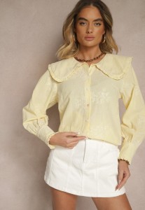 Żółta Koszula z Bawełną Ozdobiona Kołnierzykiem Natulissa