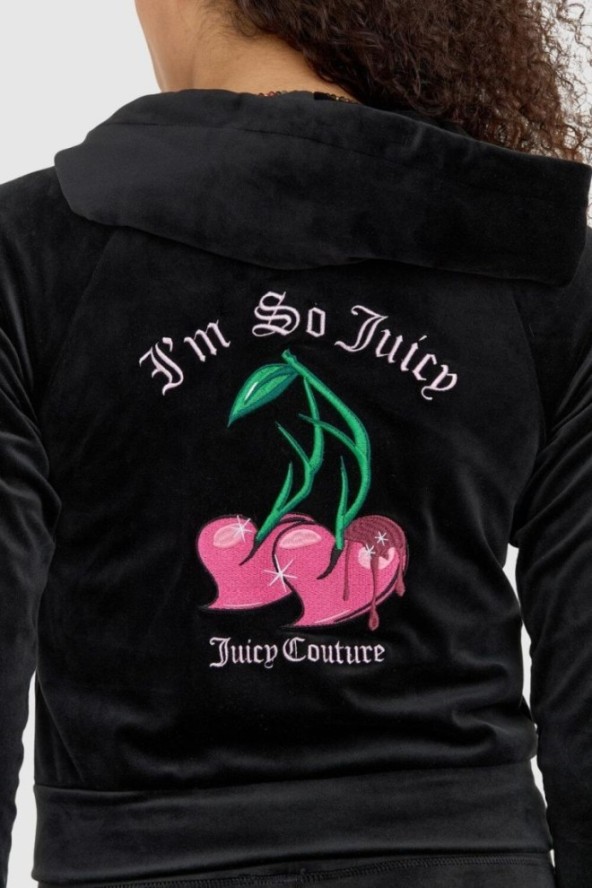 JUICY COUTURE Czarna welurowa bluza dresowa damska z haftowanymi wisienkami, Rozmiar L