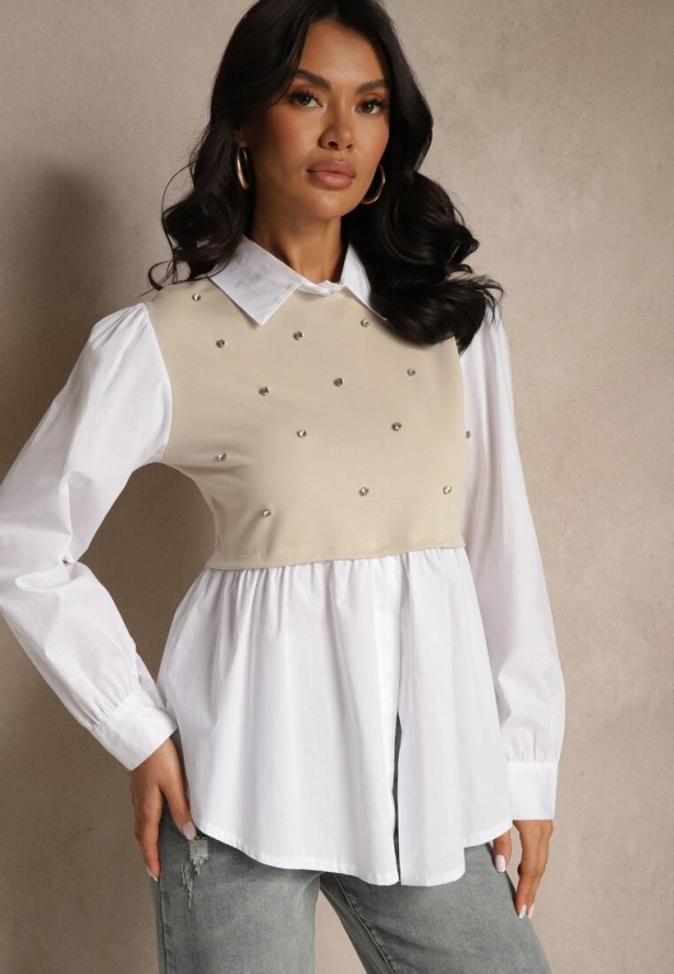 Beżowa Koszulowa Bluzka z Wiskozą o Rozkloszowanym Kroju z Wszytą Kamizelką Uliadorella