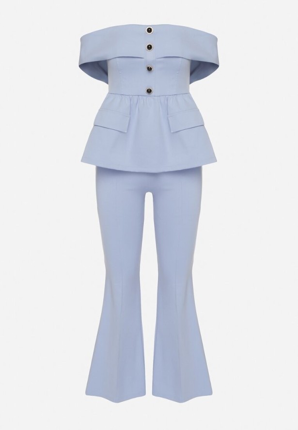 Niebieski Komplet Garniturowy Bluzka Hiszpanka z Guzikami i Spodnie Dzwony Yaskio