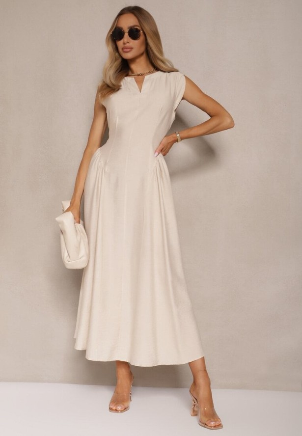 Beżowa Rozkloszowana Sukienka z Wiskozy Lirune