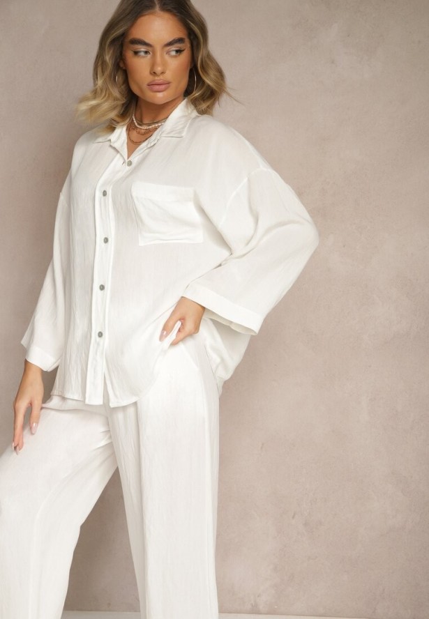 Biały Komplet z Wiskozy Spodnie o Szerokim Kroju i Koszula Novesca