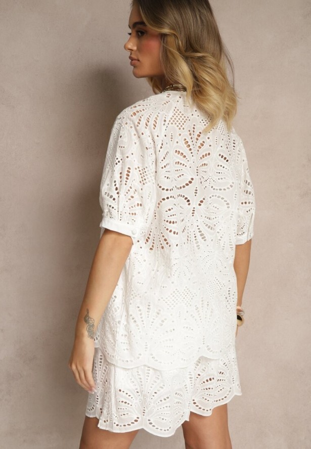 Biały Ażurowy Komplet z Szortami i Bluzką z Wiskozy i Bawełny Haloniela