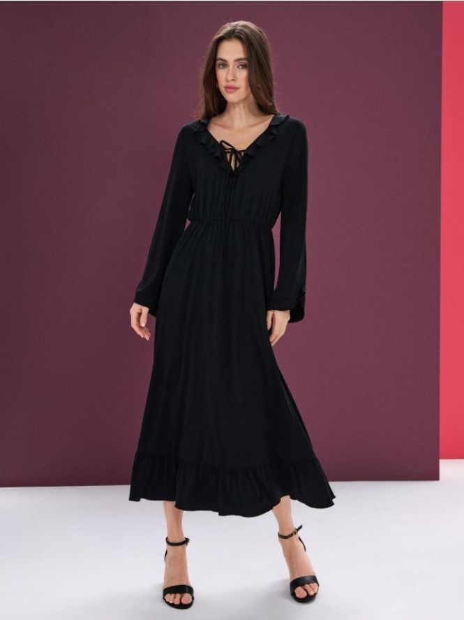 Sukienka midi z falbanami i wiązaniem przy dekolcie - czarny