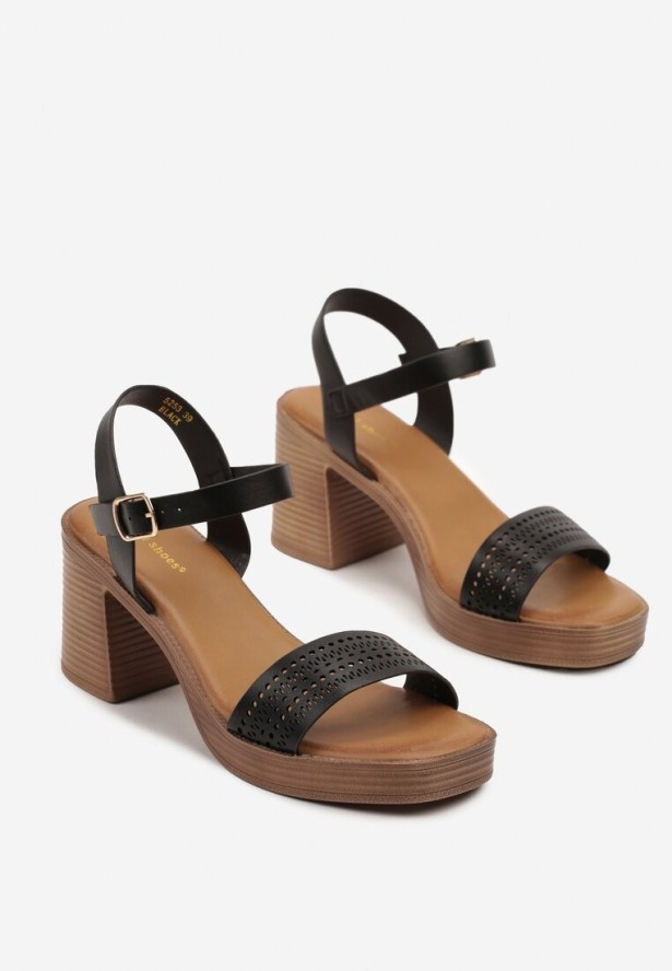 Czarne Ażurowe Sandały Typu Drewniaki na Słupkowym Obcasie Annissa