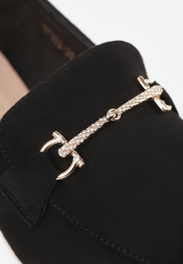 Czarne Mokasyny Vices ze Szpiczastym Noskiem Zdobione Aplikacją Rilosia