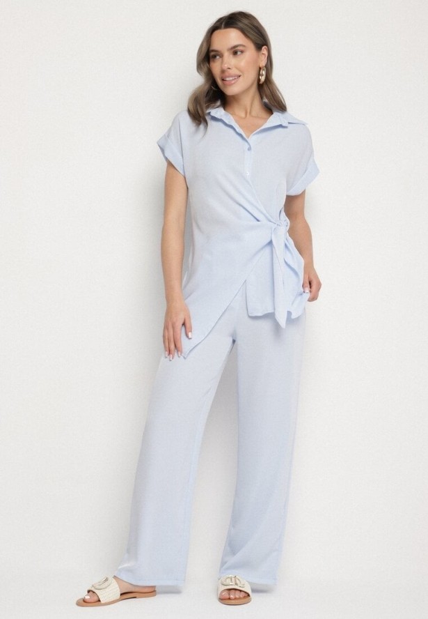 Niebieski Komplet Koszula z Asymetrycznym Wiązaniem i Szerokie Spodnie Filivara