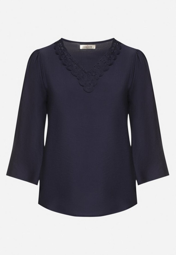 Granatowa Bluzka z Bawełną i Ozdobnym Haftem Edirilita