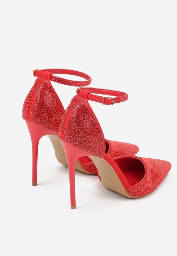 Czerwone Szpilki Zdobione Cyrkoniami i Paskiem z Klamerką Eweda