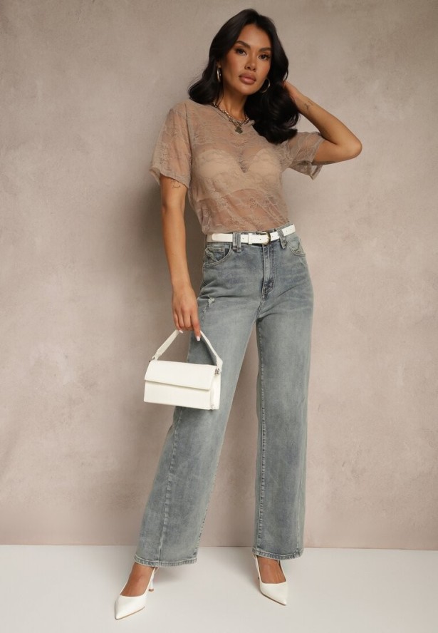 Beżowa Transparentna Bluzka z Wiskozą z Koronki Liovenne