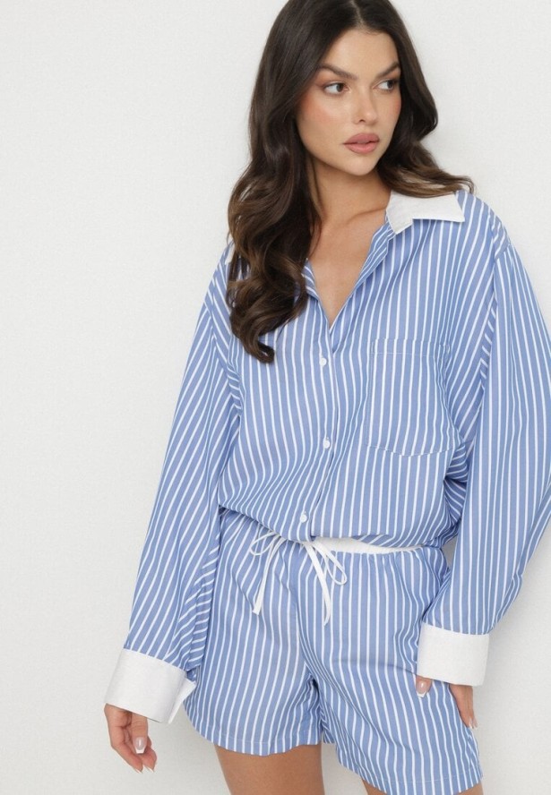 Niebieska Koszula w Paski z Kontrastowymi Mankietami i Kołnierzykiem Zarona