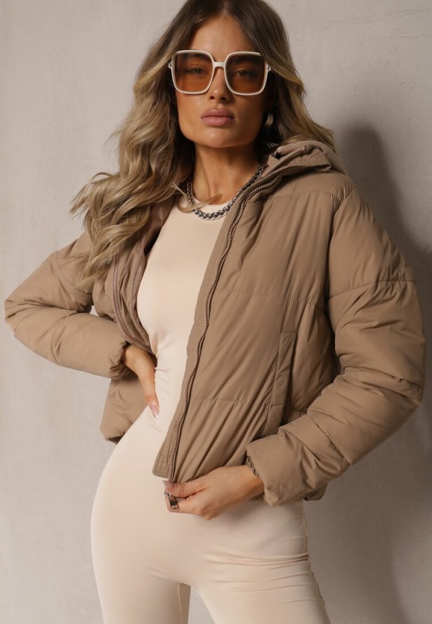 Ciemnobeżowa Kurtka Pikowana Wykończona Kapturem Aviatoria